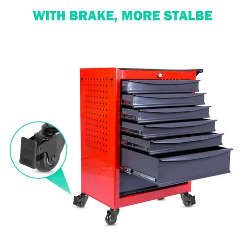 Red tool cabinet with six drawers featuring Three Eighths Inch Threaded Stem Casters 3/8-16 UNC With Brake And Safety Locking.