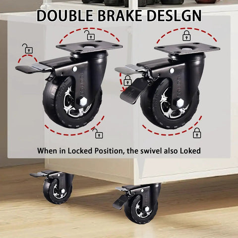 Heavy Duty 4 Inch Swivel Casters Set Of 4 With Brakes, 2200 Lb Capacity, silent swivel wheels with elastic rubber locks, double brake design