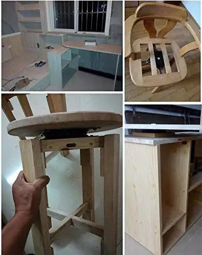 Heavy Duty Square Swivel Plate Replacement installed on wooden bar stool and furniture, showing robust steel plate with ball bearings.