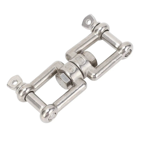 Stainless steel double-ended swivel shackle with locking nut, 10mm marine ring connector