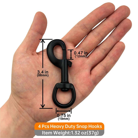 Hand holding Three Quarter Inch Heavy Duty Swivel Snap Hook Black Electrophoresis Coating with dimensions shown