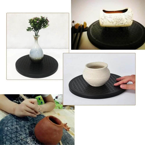 12 Inch Heavy Duty Rotating Swivel Stand with Steel Ball Bearings used in crafts and pottery setup, non-skid base visible.