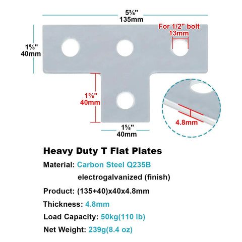Set Of Twelve Four Hole T Shaped Flat Plate Fittings For One And Five Eighths Inch Strut Channel Carbon Steel Connector Brackets Three Sixteenths Inch Thick Electro Galvanized Finish Silver