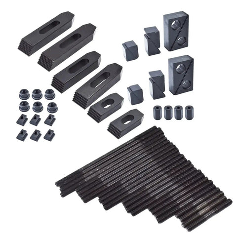 Heavy Duty 58 Piece T Slot Hold Down Clamp Kit Pro Grade For Milling Machines Seven Sixteenth Inch Set with nuts and studs displayed