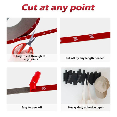 Instructional image showing Heavy Duty Double Sided Mounting Tape 108 Ft Waterproof Foam Adhesive cut and peel features with hanging use.