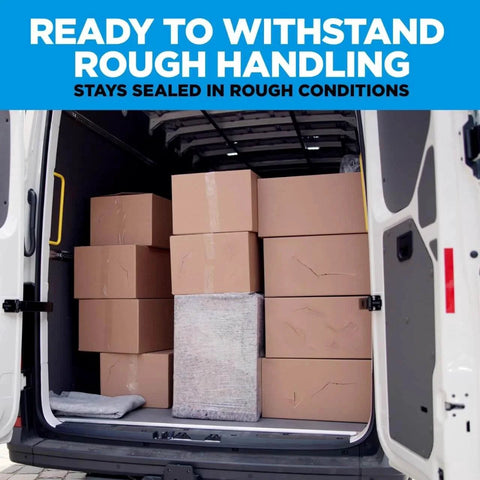 Packed van with sealed boxes using Scotch Heavy Duty Packing Tape Clear 1.88 In X 22.2 Yd With Dispenser 6 Roll Pack for moving boxes.
