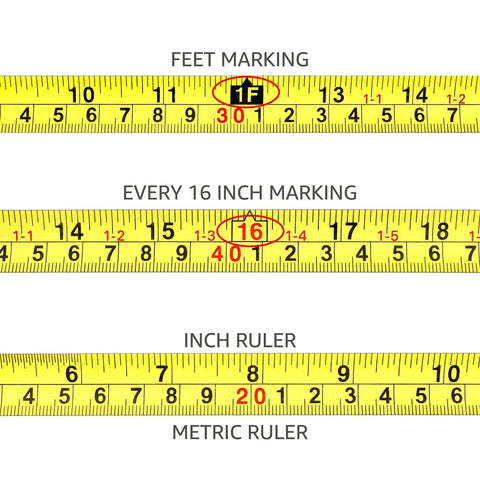 Close-up of measurement markings on a Heavy Duty Tape Measure - 16 ft / 192 in, showing feet, inches, and metric markings.