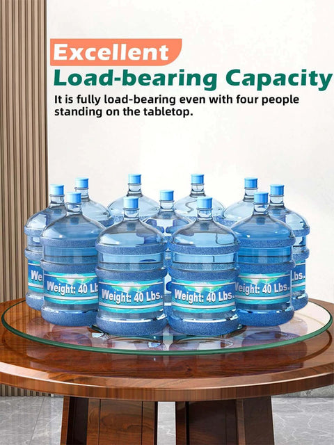 26.7 inch tempered glass lazy susan rotating serving tray displaying water bottles to showcase load-bearing capacity.