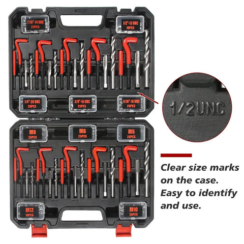 Heavy Duty Thread Repair Kit For Automotive And Plumbing, 261 Piece HSS Drill Helicoil Set, case with size marking and tools.