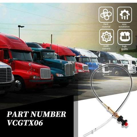 6 Ft Vernier Adjustable Locking Throttle Cable For PTO And Dump Applications With Stainless Core shown next to semi-trucks