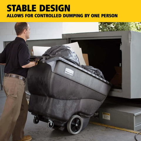 Heavy Duty Tilt Dump Truck Cart For 450 Lb Loads With Wheels Ideal For Trash And Recycling In Construction And Industrial Environments Rubbermaid Commercial Tilt Dump Truck Half Cubic Yard Capacity Through Doors Elevators being used to dump trash into a large industrial bin.