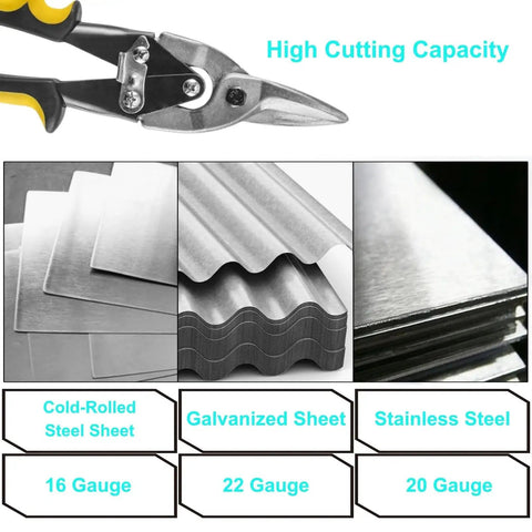 10 Inch Tin Snips Heavy Duty Chrome Vanadium Steel Metal Cutter with images of various metal sheets and gauges for cutting