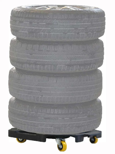 ✝️ Heavy Duty Tire Dolly - 300 lb Capacity Rolling Wheel Dolly with 4 Swivel Casters transporting stacked tires in garage or shop.