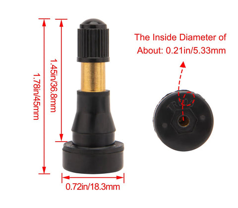 TR600HP high-pressure brass tire valve stem with rubber snap-in base and black cap, front view.