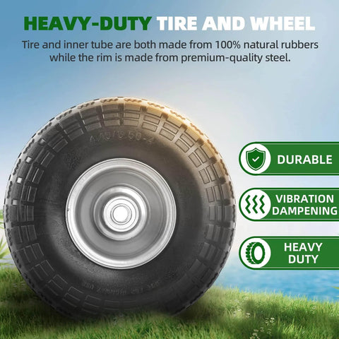 Close-up of heavy-duty tire and wheel with natural rubber and steel rim, featuring durability, vibration dampening, heavy duty qualities.