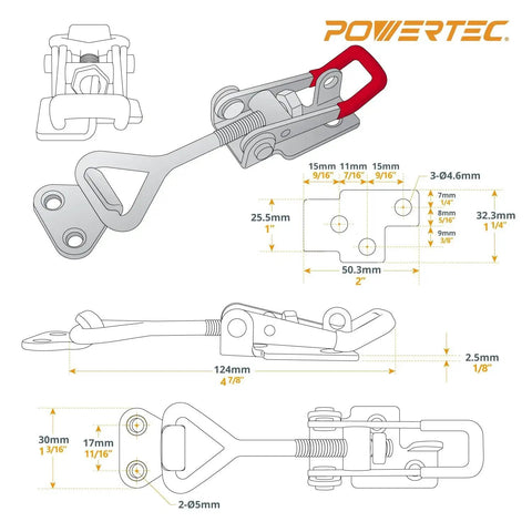 Technical diagram of 4 Pack Heavy Duty Toggle Clamp Set with 400 lb Holding Capacity and Adjustable Pull Action Latch 4002 by Powertec