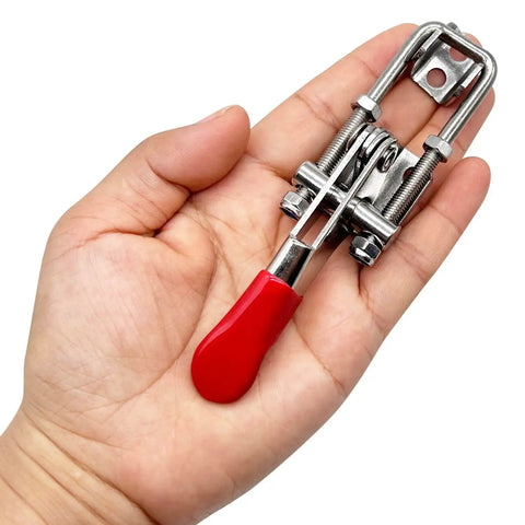 Two Piece Heavy Duty Toggle Clamp With 400 Pound Capacity In 304 Stainless Steel Including Adjustable U Bolt Holder And Quick Release Latch For Reliable Indoor And Outdoor Use held in hand showing size and design