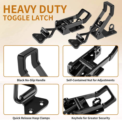 Heavy Duty Toggle Clamp Latch Set 1320 Lb Capacity 4003 Style Quick Release Hasp, close-up views showing black metal design.