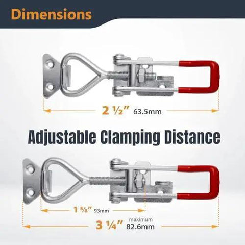 Heavy Duty Toggle Clamp Latch Set 4 Pack With 1320 Lbs Holding Capacity showing adjustable clamping distance, red handle, and steel build.