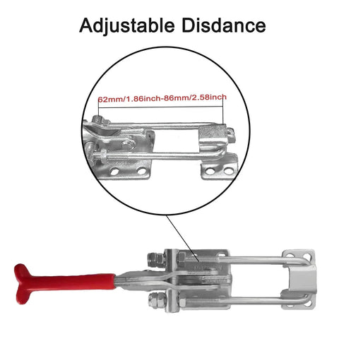 Heavy Duty Toggle Clamp Latch U Bolt Self Lock 2000 Lbs Holding Capacity Adjustable latch with close-up measurement detail