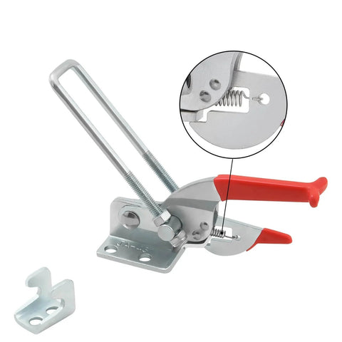 Heavy Duty Toggle Clamp Set 2000Lbs Cam Lever Latch with red handle, detail of latch mechanism