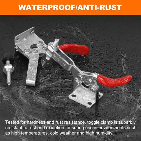 Heavy Duty 10 Pack Toggle Clamps For Woodworking And Welding showing rust-resistant clamp with red handles on wet surface