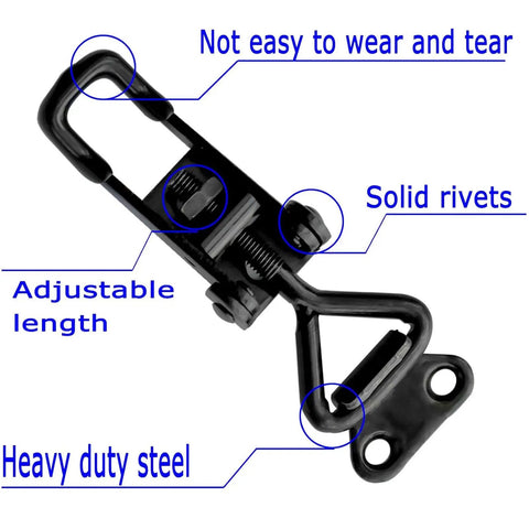 Heavy duty toggle latch clamp with rust resistant carbon steel, adjustable pull action and 360lb capacity, close-up view
