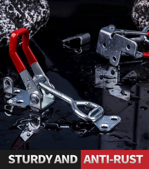 Heavy Duty Toggle Latch Clamp 4002 Adjustable Lock Hole 550 Lbs with zinc finish and red handle, wet surface, 4 pack for smoker lid and tool box.