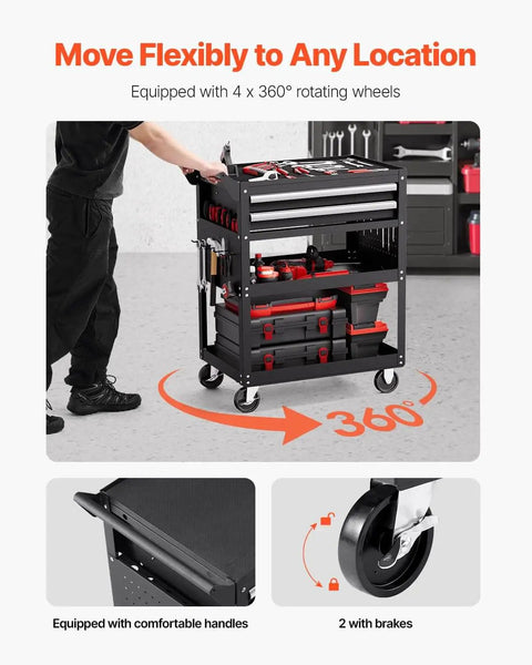 Heavy Duty 5 Tier Rolling Tool Cart With 400 Lb Capacity, Locking Drawers, Pegboard Side Panels, And Smooth Glide Drawers For Garage, Workshop Or Repair Shop VEVOR with 360-degree rotating wheels