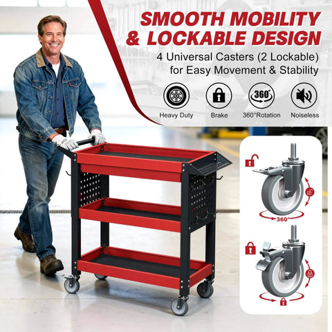 Heavy Duty 3 Tier Tool Cart On Wheels With Drawers And Pegboards For Garage And Workshop, Industrial Steel Rolling Utility Cart With 660 Lbs Load Capacity, Rust Resistant Powder Coated Finish, XCX