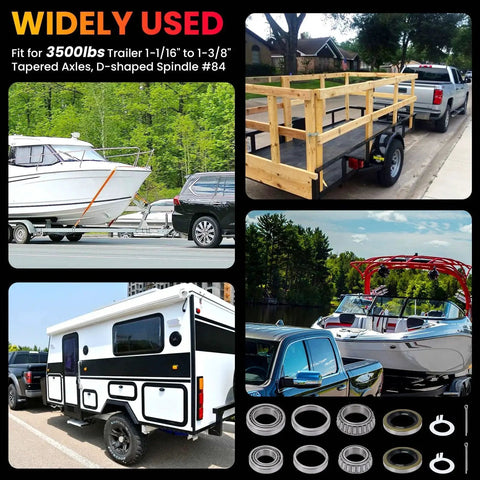 Heavy Duty Boat Trailer Bearing Kit Fits 1 3 8 Inch To 1 1 16 Inch Axles 3500 Lb Capacity One Point Seven One Nine Inch Grease Seal L68149 L44649 Spindle Compatible Includes 2 Sets Chrome Steel Bearings For Built To Last Durability And Quiet Operation, showing various trailer setups and components.