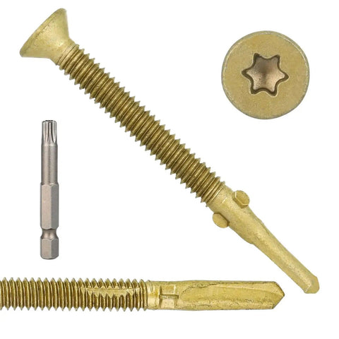 Close-up of 300 Piece Heavy Duty Trailer Deck Screws Set Size 14 X 2-3/4 Inch Torx T30 Self-Tapping Wood To Metal Fasteners With Reamer Tip