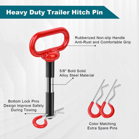 5/8 Inch Trailer Tow Hitch Pin Clip Kit With 4 R Clips, rubber coated handle, alloy steel material, shown with spare pins