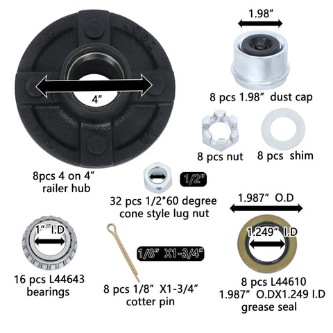 Heavy Duty Eight Set Four On Four Trailer Hub Kit With BT8 Spindle And Seven Piece Bearing Kit For 2000 Pound Axles components