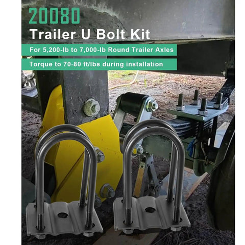 Durable trailer U bolt kit for 5200-7000 lb round axles, 3 inch beam diameter installed on leaf spring system with torque details