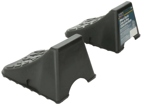 Heavy Duty Trailer Wheel Chock Set Of 2 By Reese Towpower, Built From High Impact Polymer, showing front and side view