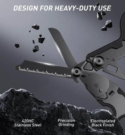 Close-up of 6 In 1 Trauma Shears Foldable Kit With Heavy Duty Emergency Tools, featuring electroplated black blades cutting through debris.