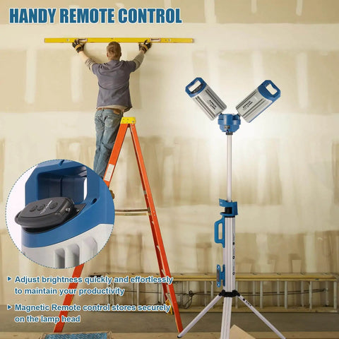Heavy Duty Tripod Work Light With Detachable Magnetic Lamp Head, 6000 Lumens, dual light heads on tripod in garage setting