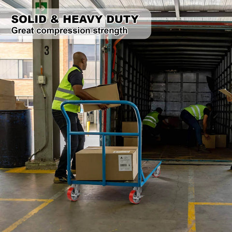Person pushing a cart loaded with boxes, showcasing 6 inch heavy duty polyurethane caster wheels with brakes, industrial swivel casters.