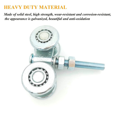 Close-up of 2pcs track roller wheels heavy duty trolley assembly for barn doors, made of galvanized solid steel, shown with M12 bolt.