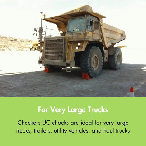 Extra Large Wheel Chock For 46 To 65 Inch Tires Heavy Duty Wheel Chock For Semi Trucks Utility Vehicles And Tractor Trailers 140K Lb Load Capacity Made In USA Polyurethane UC1210 securing a large truck