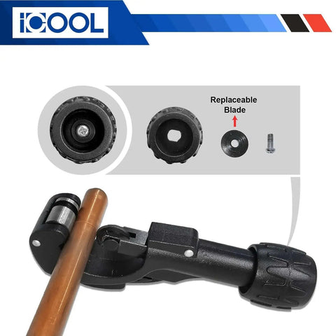 Heavy Duty Tube Cutter For Copper Brass Aluminum And PVC Pipes From One Eighth To One And Three Eighths Inch Range Matte Finish Includes Spare Blade And Reamer For Deburring Thin Stainless Steel Tubes showing replaceable blade feature.