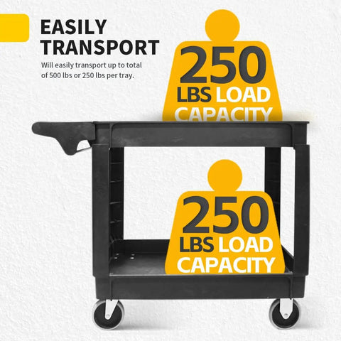 Heavy Duty 2 Shelf Service Cart MaxWorks 80855 With 500 Lb Capacity Polypropylene Utility Cart side view with load capacity signs