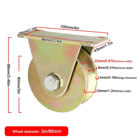 Side view of galvanized steel pulley wheel, 3in diameter, U-Groove Track Wheel Heavy Duty Rigid Caster Sliding Gate Directional Wheel