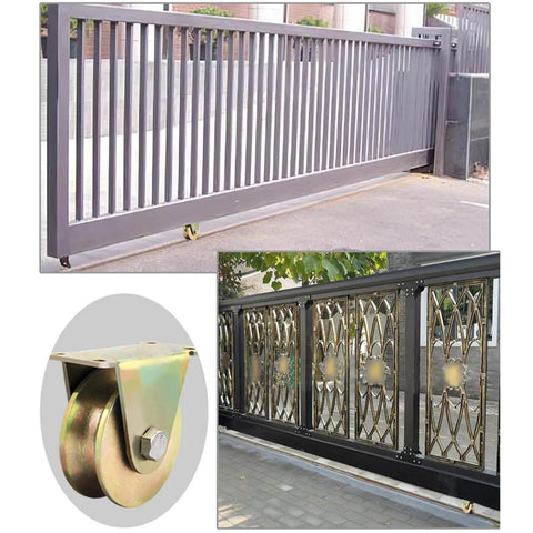 Sliding gate with heavy duty U-Groove Track Wheel pulley, pulley wheel, shown on track with close-up of wheel assembly, set of 4, 3in/80mm.