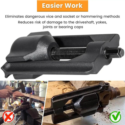 Beefy Heavy Duty Universal Joint Puller Kit for U joint extraction, black metal tool showing front and side view on workbench.