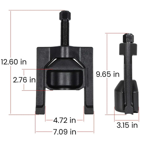 Beefy Heavy Duty Universal Joint Puller Kit dimensions with front and side views for U-joint extraction up to 2.2 inches
