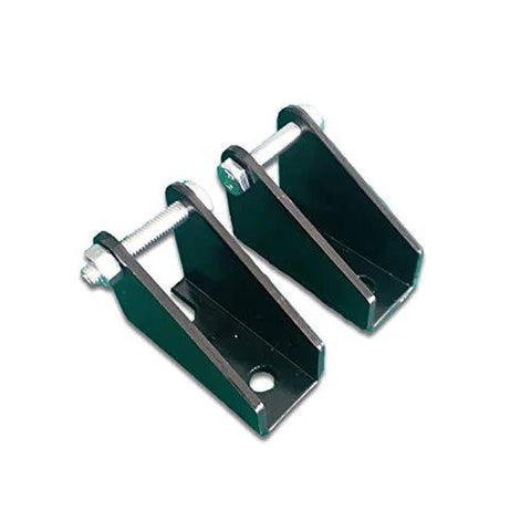 Pair of dark green heavy-duty steel mounting brackets for linear actuator with bolts.