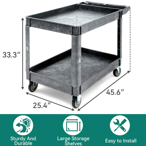 Heavy Duty 2 Tier Plastic Utility Cart With Deep Shelves And 360 Degree Swivel Wheels For Garage Warehouse Office And Cleaning Tasks 45 X 25 Inch Gray