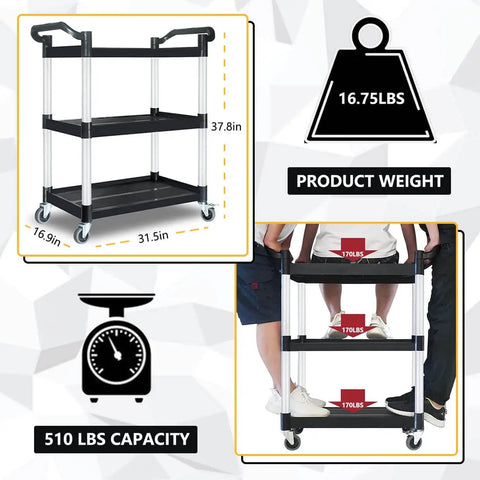 Heavy Duty Plastic Utility Cart With Wheels 510 Lb Capacity Three Tier Rolling Service Cart shown with dimensions